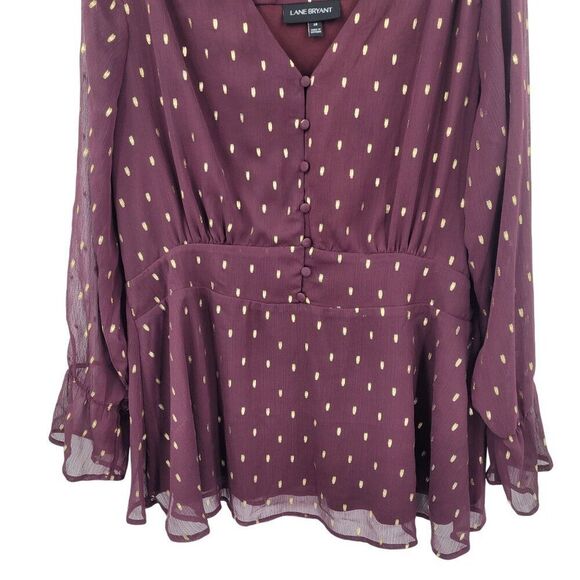 Lane Bryant Blouse Plus Sz 18 Wine Foil-Dot Button-Front Peplum Long-Sleeve - Picture 6 of 11